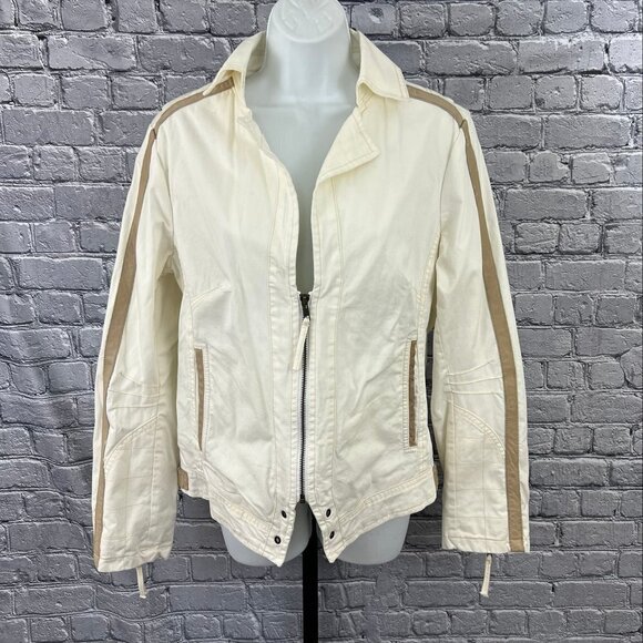 Oui Moments Beige Zip Front Leather Trimmed Jacket Size 10 NWT - Picture 1 of 10